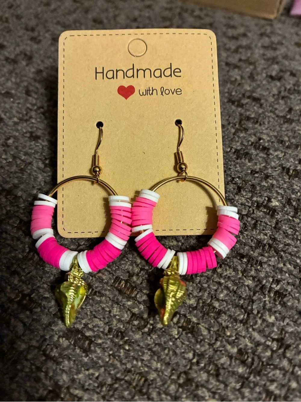 Handmade Pink & White Beaded Hoop Earrings with Gold Shell Charm